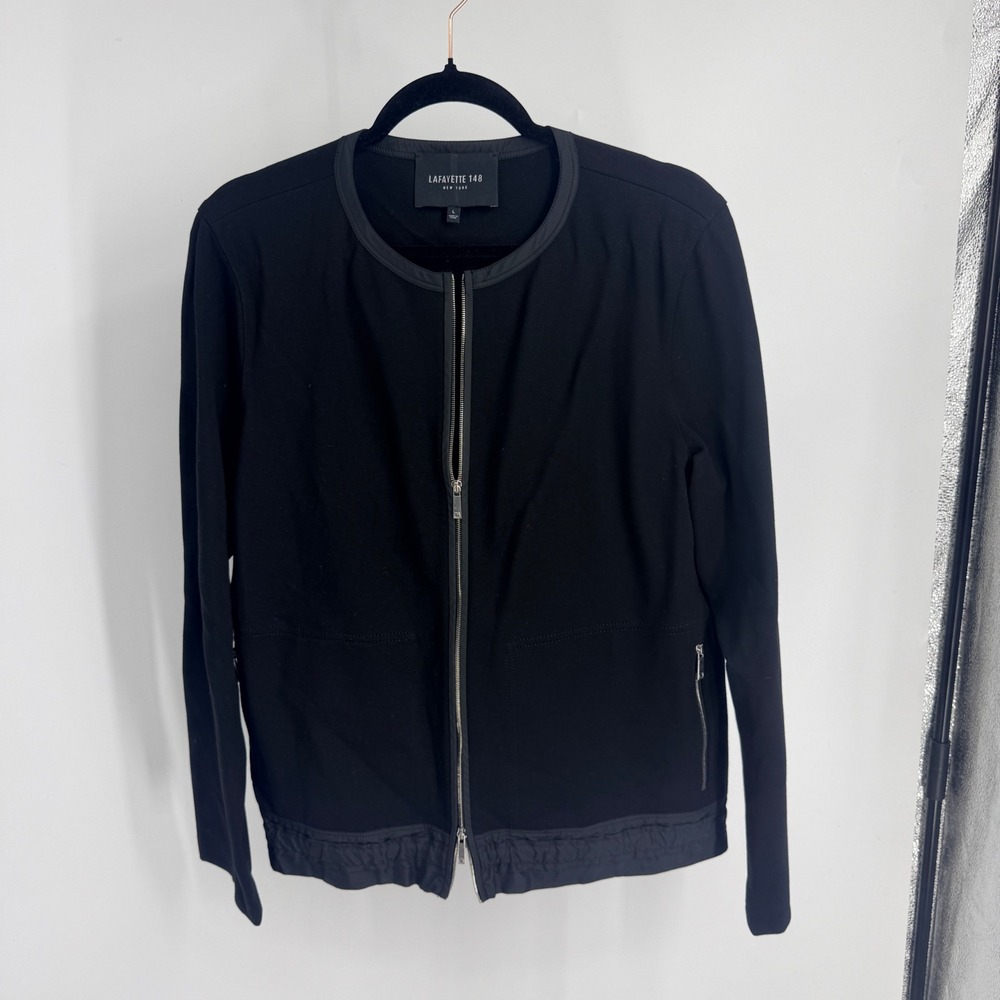 Lafayette 148 New York Black Mixed Media Zip Front Jacket L Solid Metro Modern